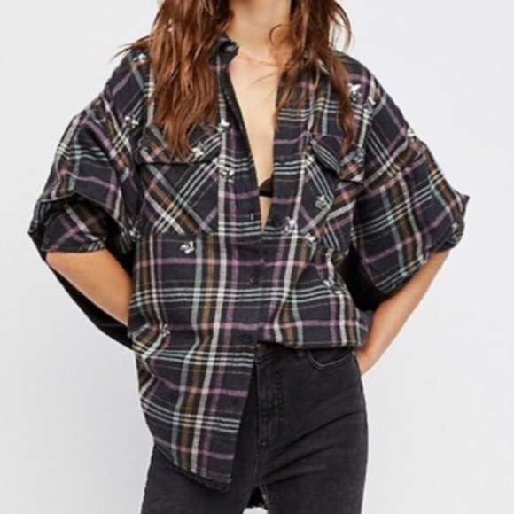 Free People Constellations Within Plaid Shacket Jacket Button Up Top XS - Picture 1 of 12